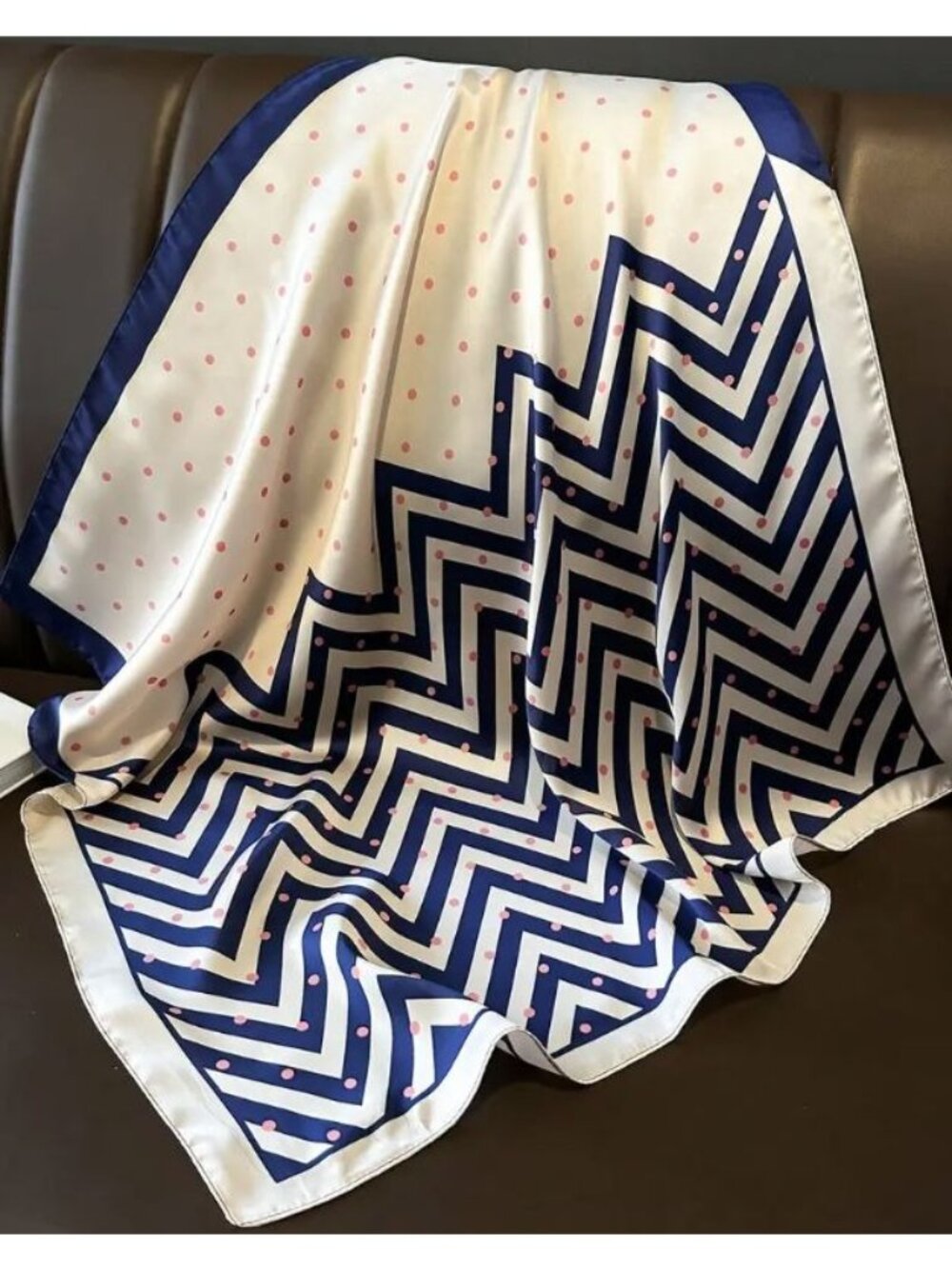 ✨Luxury Elegant Silky Scarf Navy Blue Beige Pink Polka Dot Zigzag Square Wrap - Picture 4 of 5
